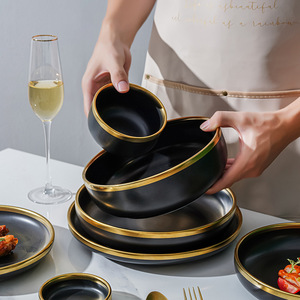 Ensemble de bols ronds en céramique de style européen avec bord doré, noir mat, 3,5/4,5/5,5/7/8 pouces en stock, vente en gros de bols en porcelaine - Product Image 3