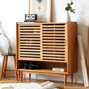 Nordic Solid Wood Shoe Cabinet Cherry Wood <b>Sliding</b> Door Multi Layer Entryway <b>Large</b> Capacity Storage Living Room Cabinet - Product Image 4