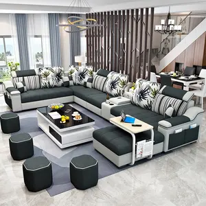 Modern style fashion high density sponge U shaped sectional living room furniture grey fabric lounge sofa set with computer desk