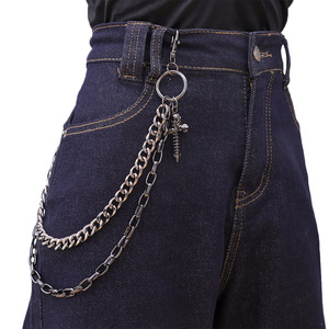 โซ่คล้องกางเกงโลหะสองชั้นพร้อมจี้รูปกากบาทและหัวกะโหลก  เครื่องประดับยีนส์สไตล์พังก์สำหรับทุกเพศ  โซ่คาดเอวโลหะผสมสังกะสี - Product Image 1