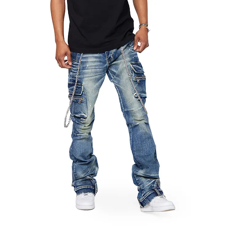 Wholesale Baggy Jeans Washed Denim Cargo Pants With Multi Pockets Stacked Jeans Men Flare