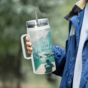 Sublimation Travel Mugs Tumblers Blanks With Handle Lid Custom Insulated Stainless Steel Water Bottle 30oz 40oz Outdoor Mugs