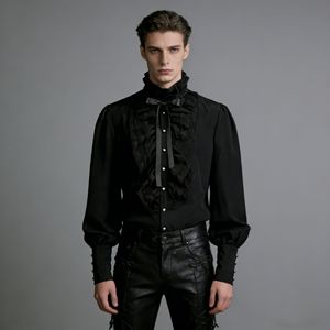 Camisas y Blusas Góticas Retro de Moda Masculina, Estilo Victoriano Medieval con Volantes, Mangas Abullonadas de Pirata, Color Negro Sólido, <span class=keywords><strong>Ropa</strong></span> para <span class=keywords><strong>Hombre</strong></span> - Product Image 2
