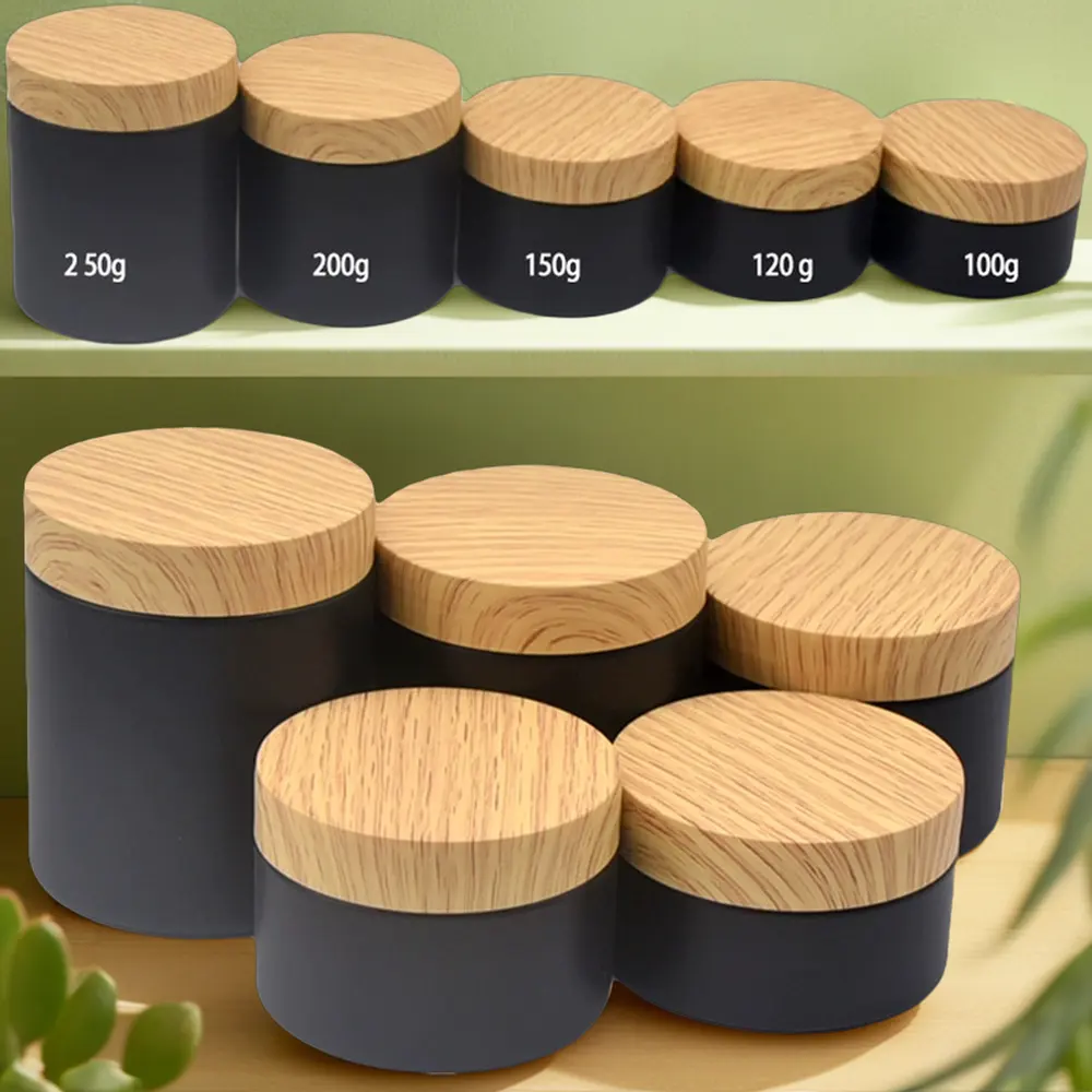 Matte Đen Pet nhựa mỹ phẩm container Jar 100g 250g Hạt gỗ nắp cho kem chăm sóc da bao bì rỗng