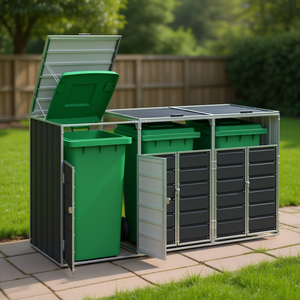 Contenedor de basura de acero con ruedas 85x31.9x45.3 pulgadas en antracita para tres contenedores, para cobertizos de jardín - Product Image 2