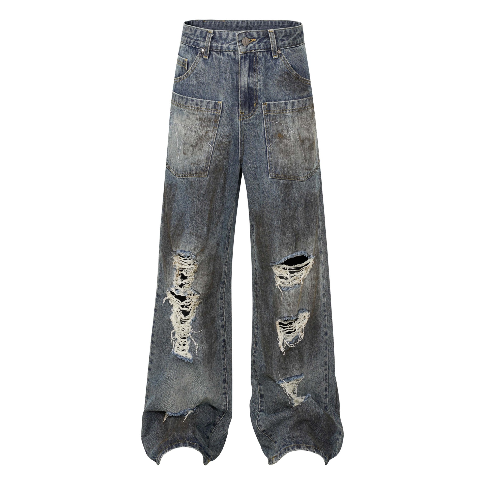 Retro High Street Ripped Custom Dirty Graffiti Paint Wide