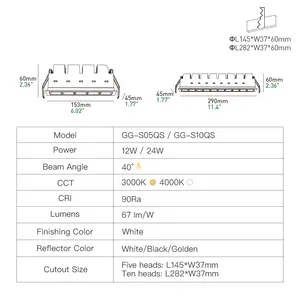 Xrzlux הוביל תקרה זרקור 24w הוביל אור grille אור 10 ראשים מוטבעים ליניארי עבור תאורה מקורה