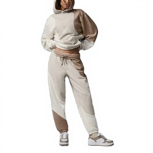 Conjunto Deportivo de Dos Piezas para Mujer, Personalizado al por Mayor, de Algodón Orgánico Grueso, con Bloques de Color, Sudadera con Capucha de Panel Asimétrico y Pantalones Deportivos - Product Image 4