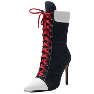 Botas Curtas de Salto Alto Fino Estilo Retrô para Mulheres, Tamanho Grande 47, Sapatos com Cadarço, Botinhas de Denim em Patchwork - Product Image 5