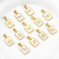 Collier Pendentif Unisexe Tendance en Acier Inoxydable Plaqué Or 18K avec Breloques Carrées Coquillage Signes du Zodiaque (12 Signes) – Vente en Gros