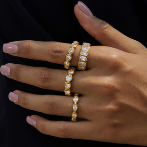J&D Anéis Empilháveis Minimalistas de Aço Inoxidável Banhados a Ouro 18K com Zircônia Cúbica, Formato Redondo, Retangular, Coração e Gota - Product Image 1
