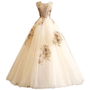 Champagne Long Tulle Skirt With 3D Floral Embroidery For Stage Performance Women Adult Size - Product Image 5