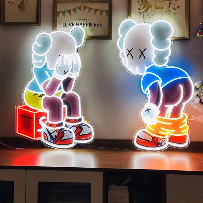 ป้ายไฟนีออน LED KAWS การ์ตูนยอดนิยมออกแบบได้เองภาพอะนิเมะกันน้ำไฟนีออนสำหรับตกแต่งผนังบ้านของตกแต่งงานปาร์ตี้