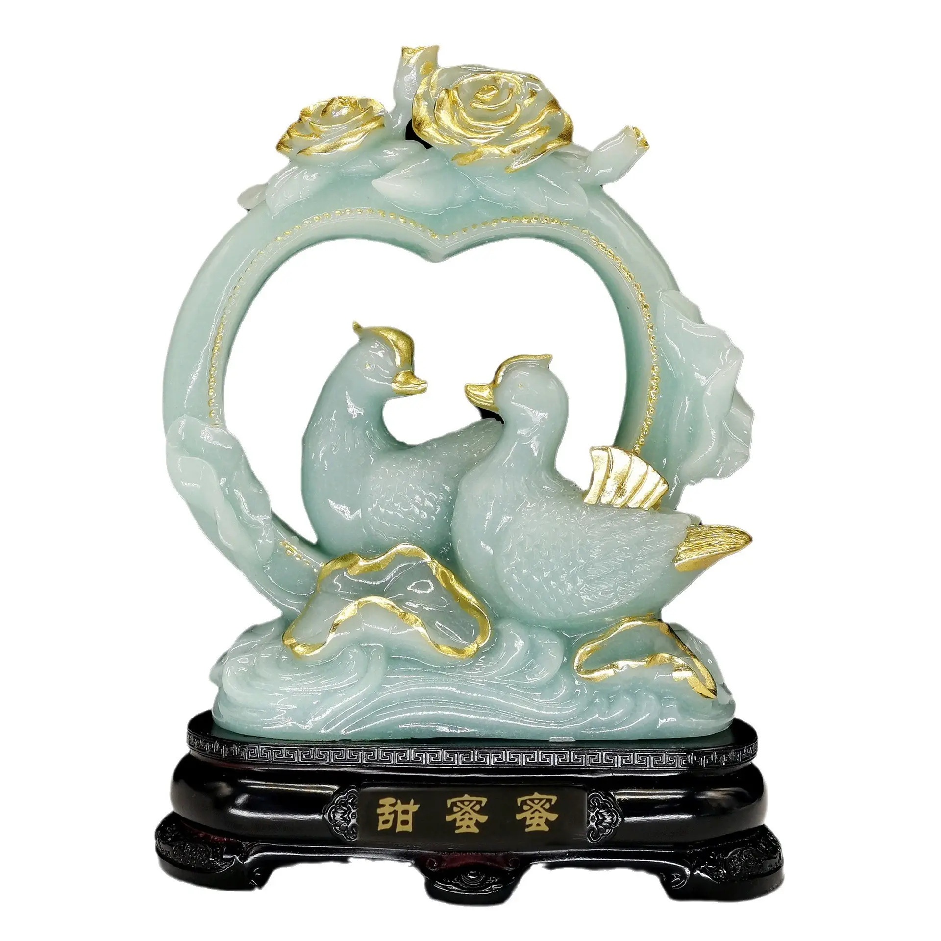 Dos figuritas de patos mandarines de resina Feng Shui nadando en un estanque de loto Jade pato amor pájaros Pato Mandarín escultura Decoración