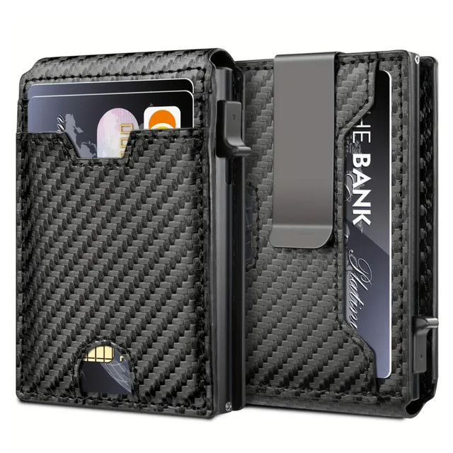 Hot Sale Aluminum Card Holder Metal Money Clip Wallet for Men RFID Blocking Slim Carbon Fiber Leather Pop up Bifold Mens Wallet