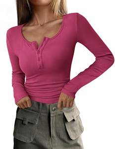 Femmes 2025 automne à manches longues t-shirts bouton côtelé tricot Slim Fit décontracté basique hauts Blouse - Product Image 4