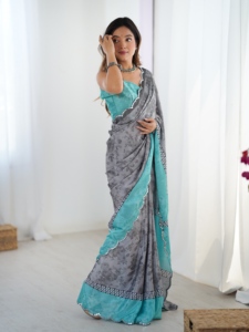 Sari élégant en chinnon lourd à imprimé floral gris avec bordure turquoise pour femmes, tenue de mariage, sari indien - Product Image 2