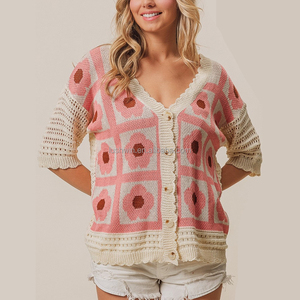 Cardigan en maille à manches courtes pour <span class=keywords><strong>femme</strong></span>, imprimé floral, col en V, ajouré, style décontracté, vente en gros - Product Image 6