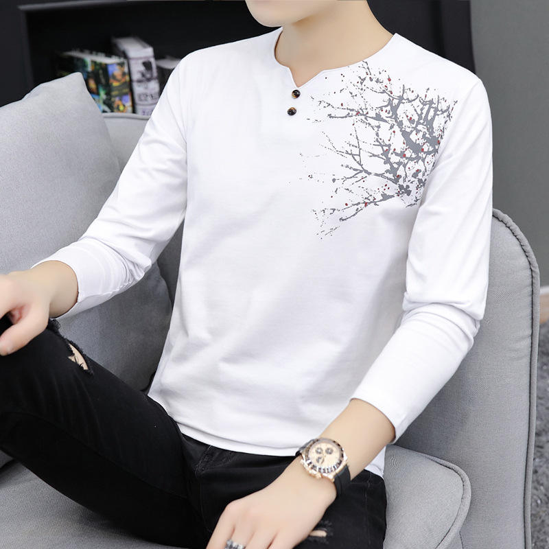 New Fashion Men Youth Boy Spring Printed Breathable O-neck Korean Casual  Long Sleeve Button Tops Casual T-shirt