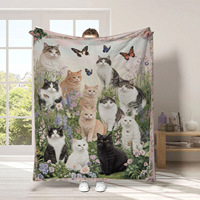 Selimut Flanel Motif Kucing Kupu-kupu, Lembut Hangat Nyaman untuk Sofa Tempat Tidur, Selimut Hadiah untuk Pecinta Kucing dengan Pola Bunga dan Anak Kucing yang Lucu