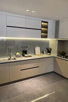 Meubles de cuisine en bois massif gris graphite beige clair avec four intégré, sans poignées, installation professionnelle, anti-rayures