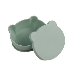 bear bowl silicon with cover Customized logo strong Suction Base one-piece Bear Shape Silicone Baby Dinner Feeding Bowls