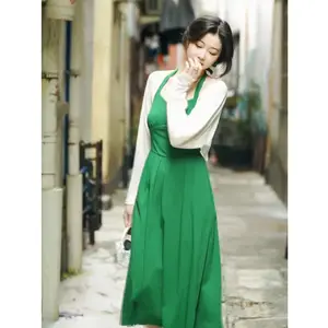 French waist and neck women's autumn new design halter skirt slim dress suit