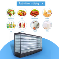 Vitrine réfrigérée de supermarché, vitrine verticale, réfrigérateur ouvert pour boissons, fruits, gâteaux, viande, boissons