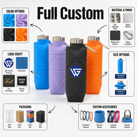 Bouteille d'eau pliable en silicone sans BPA, bouteille de voyage pliable avec couvercle en acier inoxydable, mousqueton, logo personnalisé