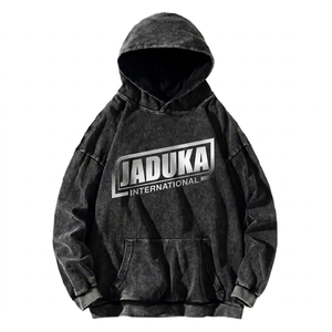 Sweat à capuche oversize noir délavé à l'acide avec logo personnalisé imprimé, manches longues, poche kangourou, style streetwear décontracté - Product Image 2