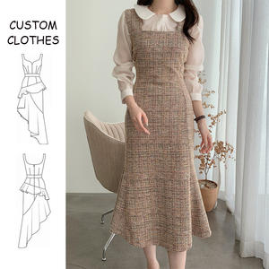 In puro poliestere autunno <span class=keywords><strong>inverno</strong></span> Casual Vintage tinta unita con colletto quadrato <span class=keywords><strong>senza</strong></span> <span class=keywords><strong>maniche</strong></span> stile aderente abito di Tweed marrone per le donne - Product Image 1