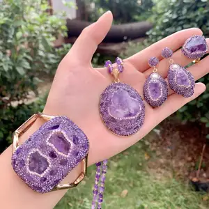 LS- C1588 Natural stone amethyst pendant necklace long beads necklace jewelry set for women diamonds pave necklace