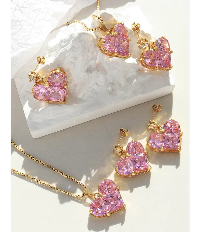 JoyEver 18k gold plated non tarnish stainless steel heart shaped earrings pink zircon earrings heart drop earrings