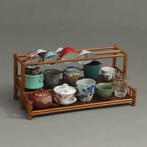 Support de rangement pour vaisselle en bambou fait main, à trois niveaux, avec porte-tasses et égouttoir, adapté aux théières en argile violette. - Product Image 2