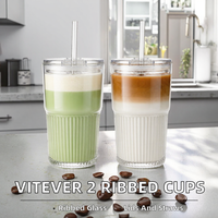 Lot de 2 verres cannelés avec couvercles et pailles, 450 ml, pour café glacé, smoothies, cocktails, usage domestique et café