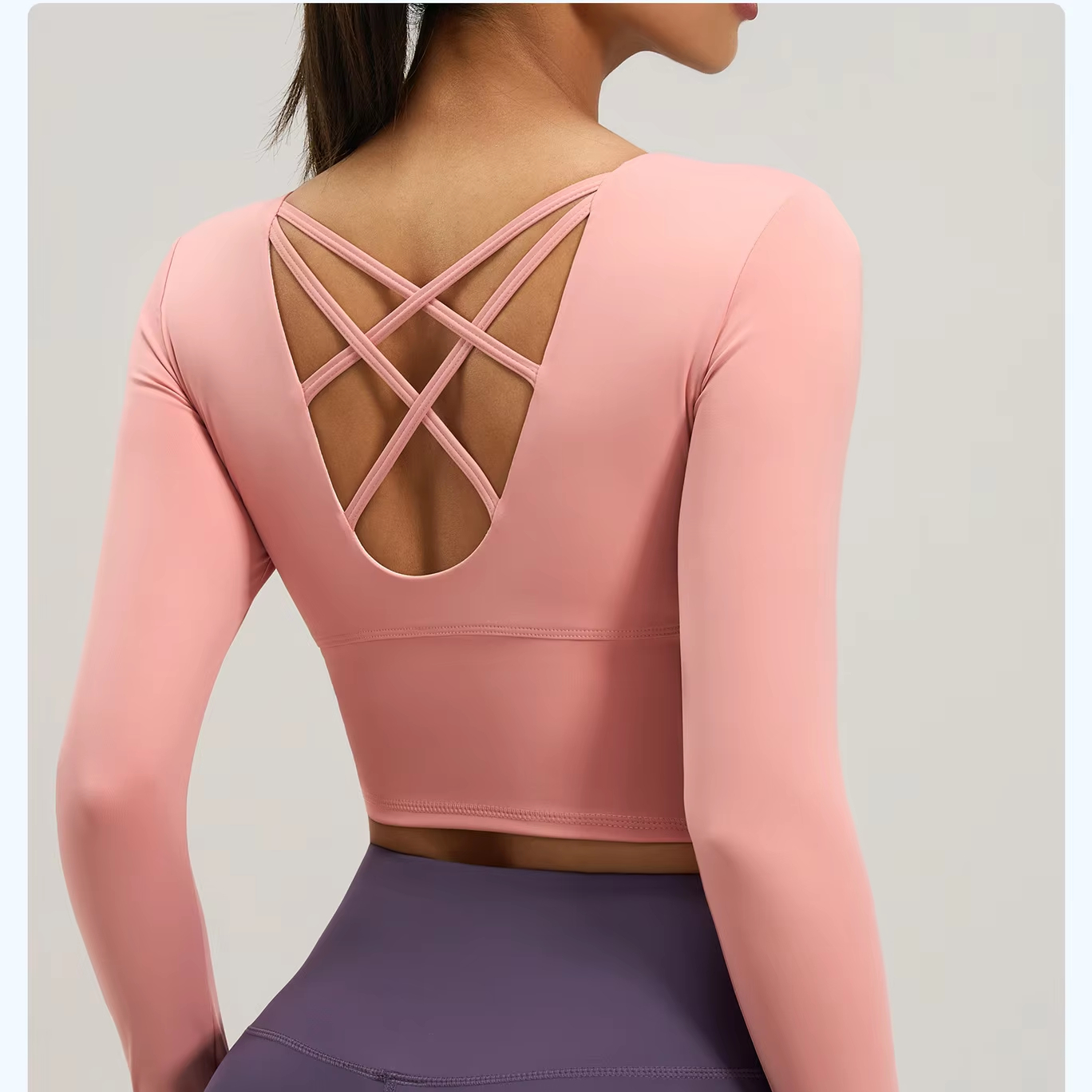 Women Beauty Back Long Sleeve With Pad Yoga Top Lady Fashion Cross Back Sport Top Female Sexy Quick Dry Gym Workout Clothes