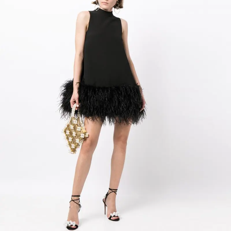 Ostrich Feather Round Neck Sleeveless Straight Vest Skirt Loose and Thin Draped Dress