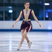 Robe de patinage sans manches pour enfants et adultes, violet foncé, avec bordure dorée et chaîne de strass au dos, pour compétition et spectacle de patinage artistique