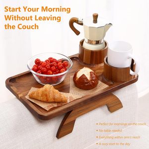 Table d'appoint <span class=keywords><strong>de</strong></span> <span class=keywords><strong>canapé</strong></span> 4-en-1 avec <span class=keywords><strong>plateau</strong></span> à fromage, 2 porte-gobelets rotatifs et support pour téléphone, et porte-couteau-fourchette <span class=keywords><strong>amovible</strong></span>, <span class=keywords><strong>plateau</strong></span> d'accoudoir <span class=keywords><strong>de</strong></span> <span class=keywords><strong>canapé</strong></span> en acacia - Product Image 5