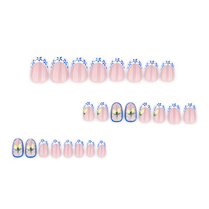 Faux ongles à presser Ovale, motif floral citron bleu, style French Manucure, peints à la main, réutilisables, longue tenue, pour l'été, <span class=keywords><strong>Nail</strong></span> <span class=keywords><strong>Art</strong></span> de vacances DIY - Product Image 2