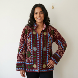 Floral Embroidered Sequin Quilted Knitted Eco-friendly Natural Dyes Cotton Jacket Double Breasted <b>Zipper</b> Closure Stand Women's - Product Image 2