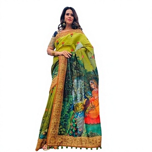 Indian Premium Exclusive Linen Fabric Digital Kalamkari <b>Print</b> Saree Elegant Festive Wedding Party <b>Office</b> Casual Wear Outfit - Product Image 1