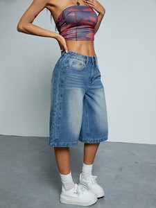 Shorts en <span class=keywords><strong>jean</strong></span> délavé bleu rétro pour <span class=keywords><strong>femme</strong></span>, coupe droite, style américain, décontracté et polyvalent, pantalon large, longueur cinq minutes. - Product Image 3