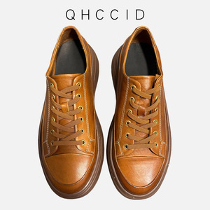 Men's Retro Horse Leather Thick-Soled Sneakers Genuine Leather Mid-<b>Heel</b> Casual Shoes Non-Slip Breathable - Product Image 3