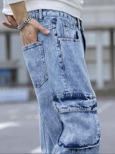 YIMAI <span class=keywords><strong>Jeans</strong></span> Cargo da Uomo Personalizzati, Nuova Moda, Lavaggio Acido, Blu, Gamba Dritta, <span class=keywords><strong>Tasche</strong></span> <span class=keywords><strong>Laterali</strong></span> con Patta, Stile Casual - Product Image 4