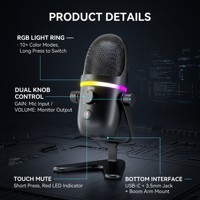 Microphone de jeu RGB ME5 Pro avec plus de 10 modes de couleur, micro de studio USB Type-C avec surveillance en temps réel et fonction mute pour YouTube Twitch