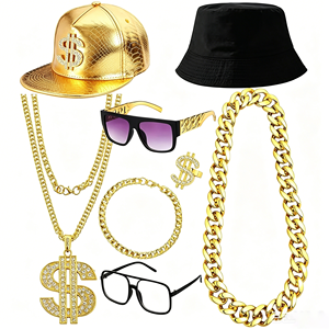 Disfraz de Hip Hop de los 90, Collar con Monedas Doradas, Gafas de Sol, Sombrero de Pescador, Gorra Snapback, Disfraz de <span class=keywords><strong>Rapero</strong></span> para Halloween, <span class=keywords><strong>Disfraces</strong></span> de TV y Cine - Product Image 1