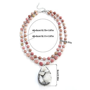 Neue Modische Damen-Halskette mit Perlen im Boho-Stil, 2-Lagige Naturstein-Hämatit-Kette mit Unregelmäßigem Druzy-Anhänger, Kurze Halsketten - Product Image 3