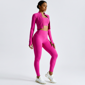Pink Solid Yoga <b>Leggings</b> Set <b>Women</b> High Waist Full Length Seamless Four-Way Stretch Breathable Sports Wear Zipper Jacket <b>Shorts</b> - Product Image 1