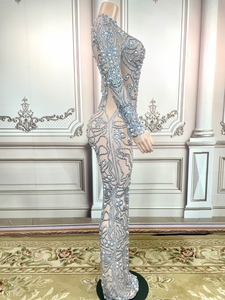 AD1538 Kimshein <span class=keywords><strong>Robe</strong></span> <span class=keywords><strong>De</strong></span> Femmes O Cou À Manches Longues Strass Perles Étincelant Cristal Robes Femmes Fête - Product Image 2